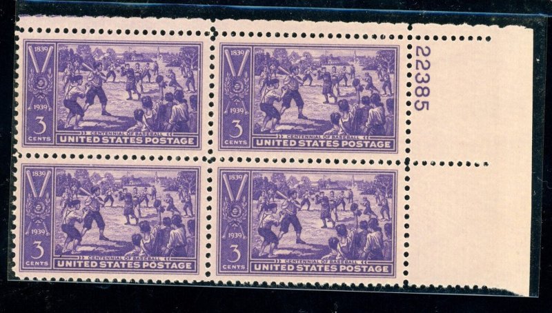 US Stamp #855 Baseball Centennial 3c - Plate Block of 4 - MNH - SMQ $7.50