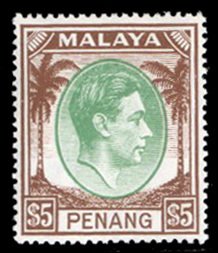 Malayan States - Penang #22 Cat$52.50, 1949 $5 chocolate and emerald, hinged