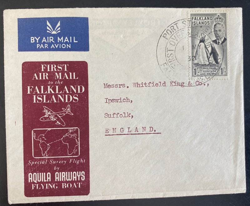 1952 Port Stanley Falkland Islands First Flight Cover To England Aquila Airways