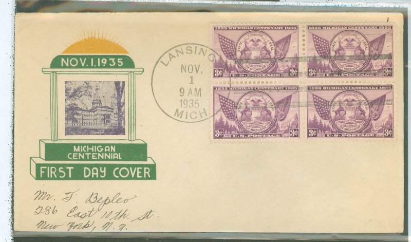 US 775 1935 3c Michigan Statehood Centennial bl of 4 on an addressed FDC with a cachet by an unknown publisher
