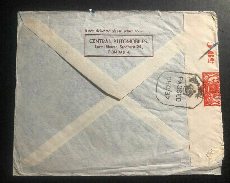 1942 Bombay India Censored Airmail Cover To Collector Of Customs Kampala Uganda