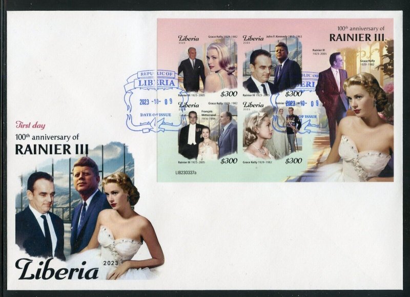 LIBERIA 2023 100th ANNIVERSARY OF RAINIER III IMPF SHEET W/JFK & GRACE KELLY FDC