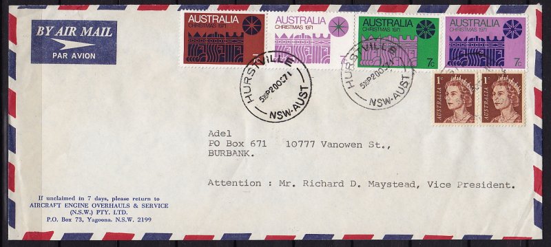 Australia – 1969-1971- Scott #394(pr),508a,d,e,f – used on cover to USA