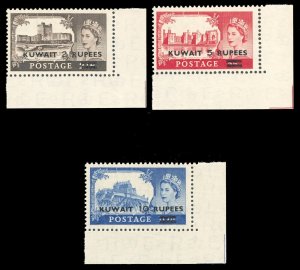 Kuwait 1957 QEII set complete with scarce Type II Surcharge MNH. SG 107a-109a.