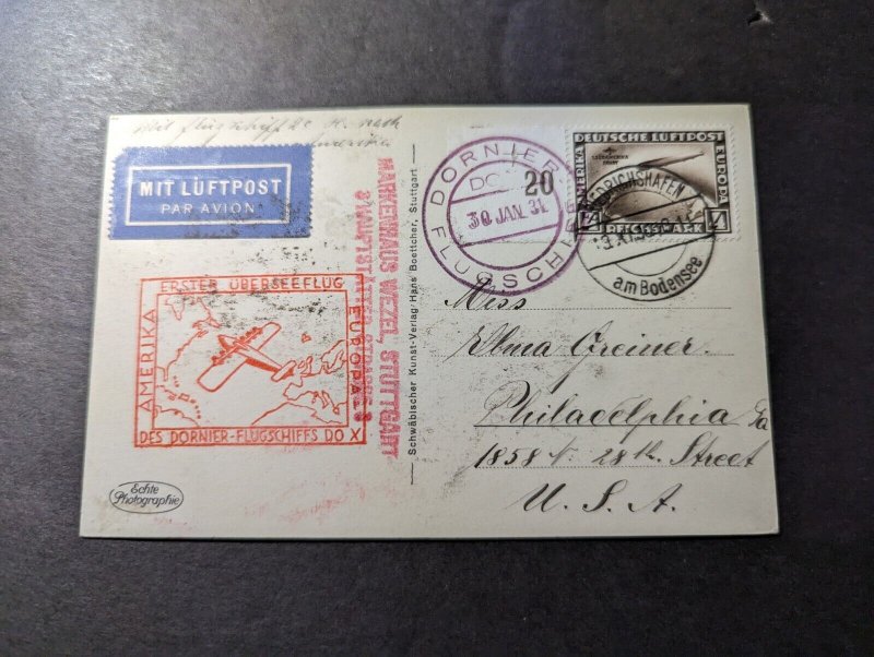 1931 Germany Airmail Dornier DOX First Flight Cover FFC to Philadelphia PA USA