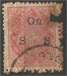 TRAVANCORE, INDIA, 1918, 4ca, Overprinted, Scott O5  Damaged