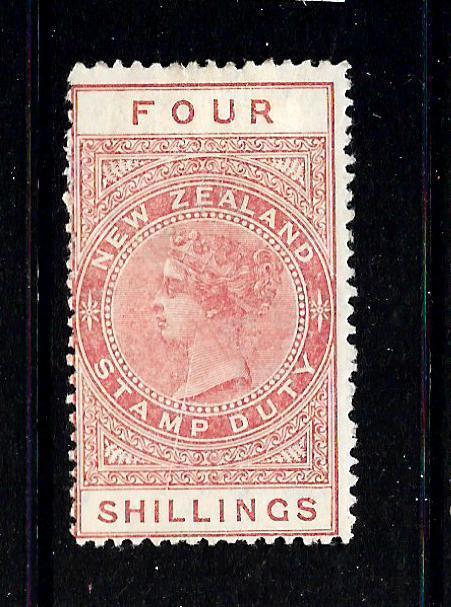 NEW ZEALAND  1882-27 4/-   QV  REVENUE  MLH   P12 1/2  SG F37  Sc AR5