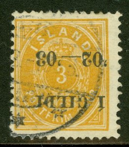 ICELAND #49b (48v1), 3aur I GILDI, used, INVERTED OVPT, scarce, Pollak cert