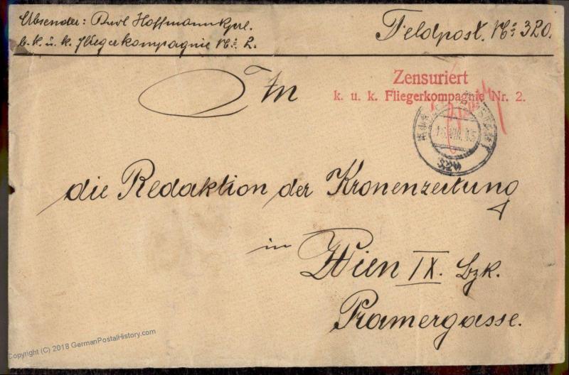 Austria 1915 WWI Air Force Fliegerkomp 2 FPA320 Feldpost Cover 82216