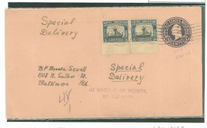 US 621/U458 1925 Two 5c Norse-American commemorative stamps added to a 2c pre-stamped envelope (envelope is folded) to pay Speci