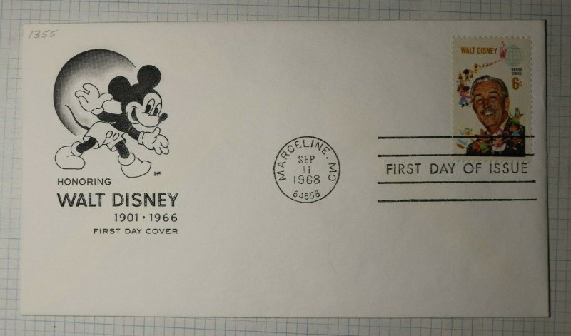 US FDC Sc# 1355 Honoring Walt Disney MIckey Mouse Marceline MO 1968 HF Farnan 