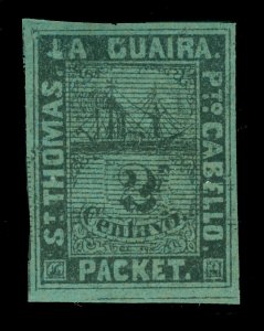 DWI 1868 Robert Tod Steamship St.Thomas La Guaira 2c blk, blue Yv# 4A mint MH