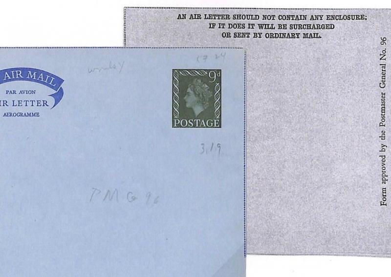 K88 GB PRIVATE AIR LETTER STATIONERY 1960s QEII 9d Die STO Air Mail Cover Unused