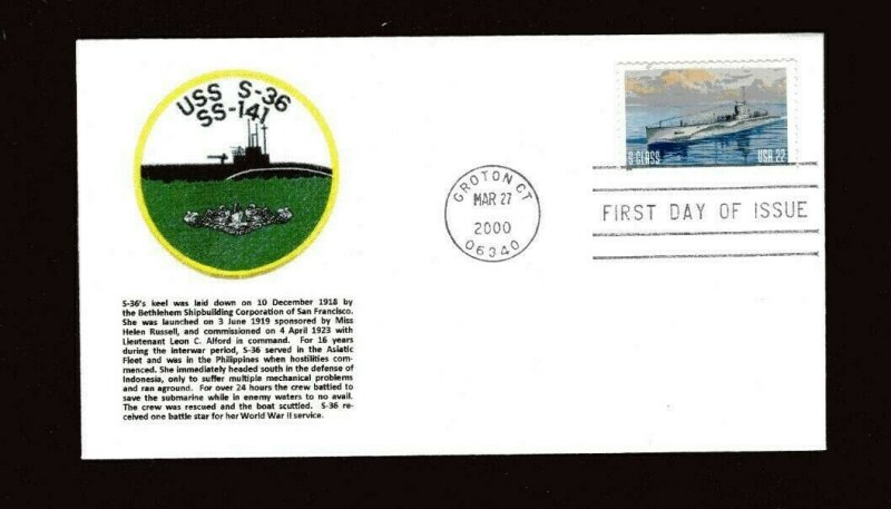 S-Boat United States Navy Submarine Service 2000 First Day Cover Stamp 