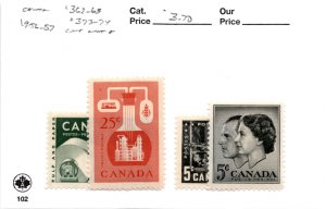 Canada, Postage Stamp, #362-363, 373-374 Mint Hinged, 1956 Paper, Chemicals (AH)
