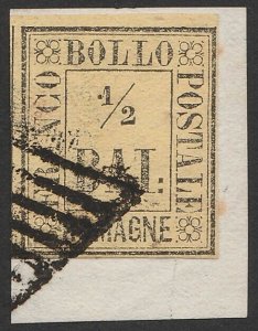 ITALY - Romagna 1859 type-set Provisional ½b black on yellow. Sass 1 cat €775+.