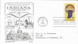 1966 FDC, #1308, 5c Indiana 150th, Aristocrats-Lowry