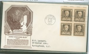 US 868 1940 10c James Whitcomb Riley, Poet (part of the Famous American Series) block of four, on an addressed (typed) FDC with