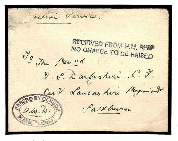 GB Cover WW1 NAVAL SUBMARINE BASE *HMS Lucia* OVAL CENSOR Mark N92b 