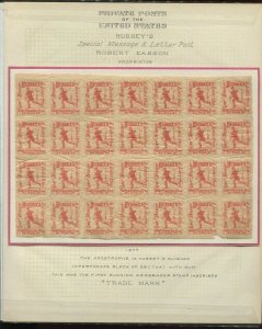 87L58 Hussey's Post New York Mint Block of 28 Stamps on Perry Presentation Page