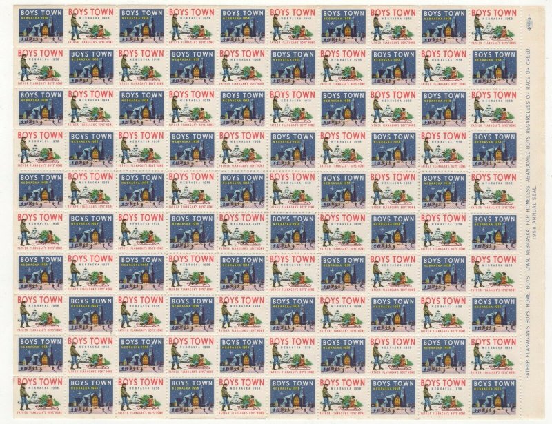 USA Boy's Town Christmas Seals 1958 Sheet of 100 Stamps MNH