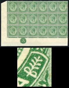 Jamaica SG92a 1/2d Wmk Mult Script Block of 18 inc BOW Flaw M/M Cat 188++ pounds