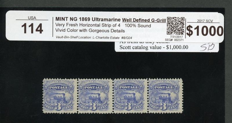 UNITED STATES 3c  TRAIN  SCOTT#114 STRIP OF FOUR  MINT HINGED