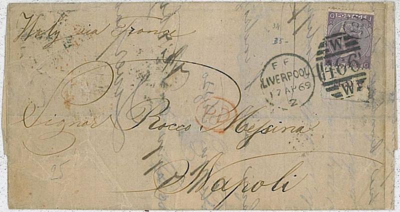 GB -  POSTAL HISTORY COVER: SG 108 w\ border - LIVERPOOL to NAPOLI - first month