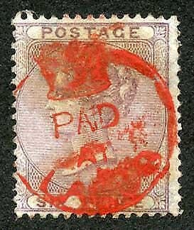 Lagos GB 6d Lilac cancelled Paid/at/Lagos Crowned circle in Red Only 2 Recorded 