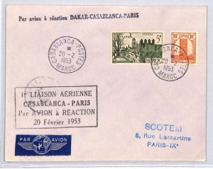 France Cols MOROCCO Air Mail 1953 Cover FIRST FLIGHT Casablanca Paris YF98