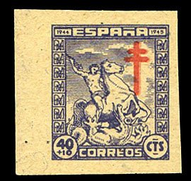 Spain #B132P, 1944 Tuberculosis Issue, 40c+10c imperf. proof on gray card