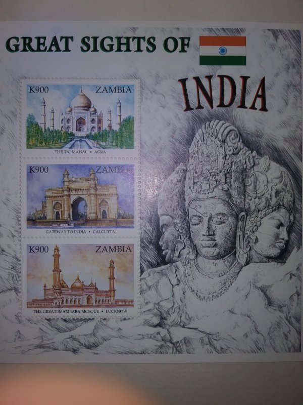 ZAMBIA EXCEPTIONAL BEAUTIFUL GREAT SIGHTS OF INDIA SHEET OF 3