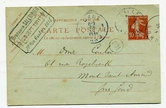 D16597 France Brasserie Salembier 1911 Postal Stationery Gent, Mont Saint Amand