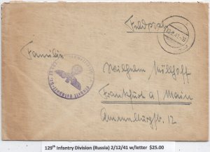 WW2: German Feldpost: 129th Infantry Division (Russia) 2/12/41 w/Letter (M6686)