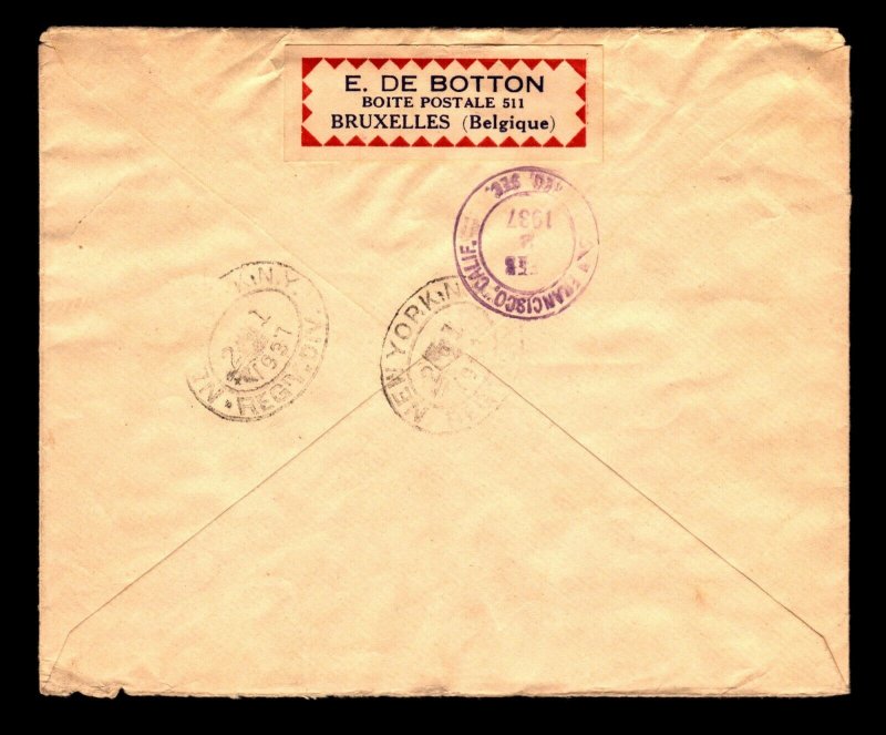 Belgium 1937 Registered Airmail Cover to USA w/ Better (Light Creasing) - L11277