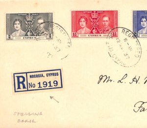 CYPRUS FDC 1937 KGVI Coronation *NOCOSIA* SPELLING ERROR Registered Label XH185