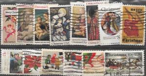 United States Christmas stamps.  14 different used stamps. 6 cent - 22 Cent