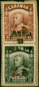 Brunei 1945 6c + 2c BMA of Sarawak SG127-131 with Local Opt on Piece