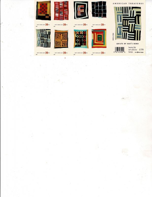 Quilt of Gee Bend 39c Postage Booklet of 20, #4089-98 MNH