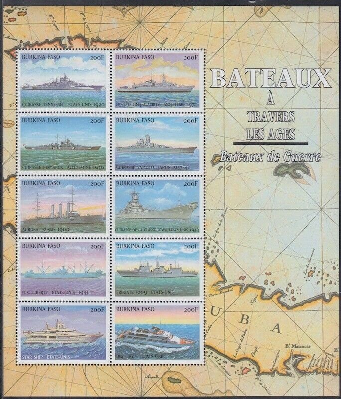 BURKINA FASO Sc# 1133I-j MNH SHEET of 10 DIFF MILITARY SHIPS of all TYPES