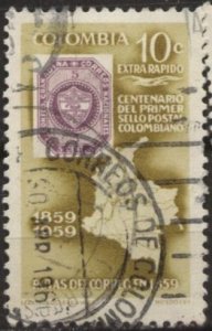 Colombia C354 (used) 10c stamp on stamp, map, lemon & vio (1959)