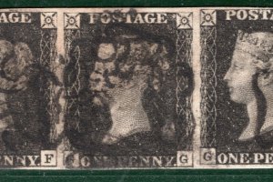 GB PENNY GREY-BLACK QV 1840 SG.3 1d Plate 5 (GF-GH) STRIP{3} Cat £1,750+* REDR65