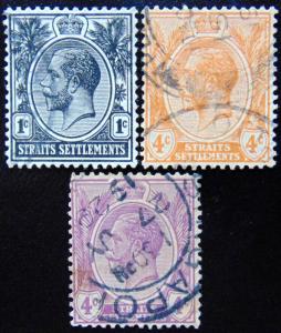 STRAITS SETTLEMENTS 1921 1c,4c,4c King George V Used