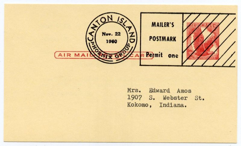 Canton Island Mailers Postmark Permit on airmail postal card, 1960