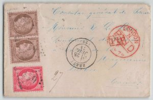 France 1874 10c Ceres Pair +80c rose Cover Brest to Consul Quebec Canada via UK