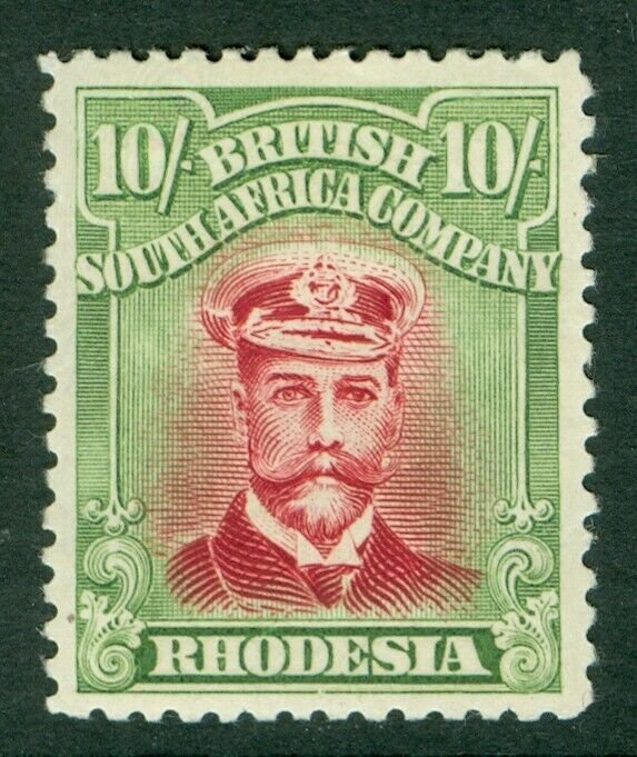 SG 309 Rhodesia 10/- crimson & bright yellow-green. A fine fresh mounted...