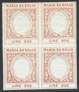 Italy 1863 Fixed Fee Revenue Victor Emmanuel 2L BLOCK Unificato #5 CV 80.00 EUR.