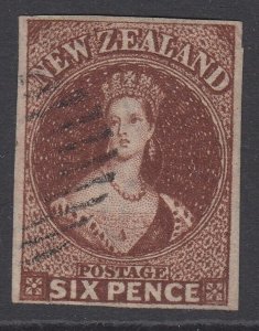 SG 43 New Zealand 1862-64 printed by John Davies. 6d red-brown. Superb used. 4 f