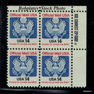 BOBPLATES #O129A Official ZIP Block of 4 F-VF MNH  ~ See Details Pos