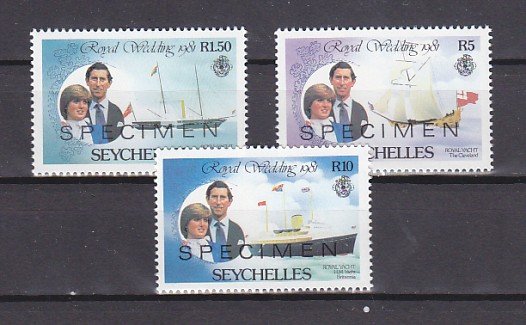 Seychelles, Scott cat. 469, 471, 473. Royal Wedding, Specimen o/prints. ^